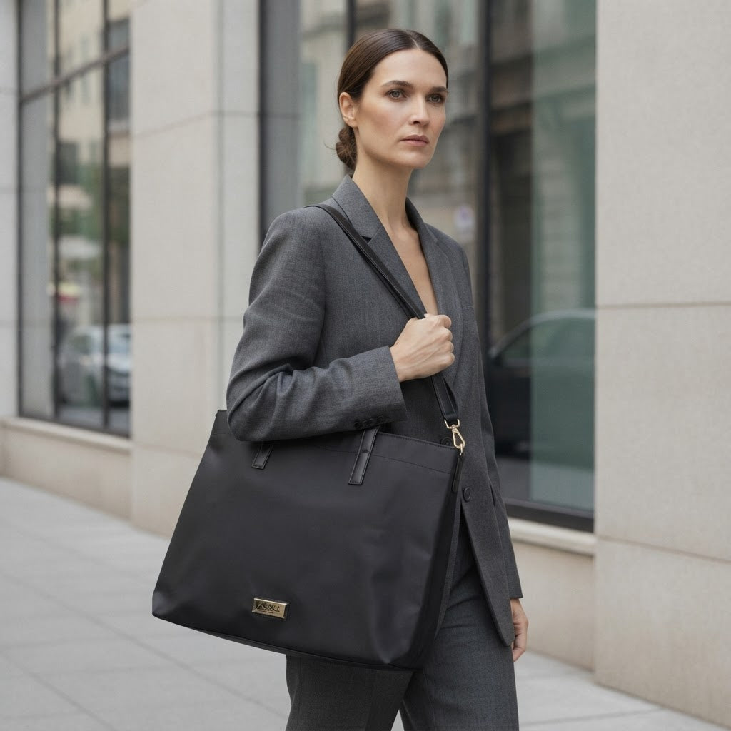VERSACE parfums Large Black Nylon Shoulder Tote with Gold Pl
