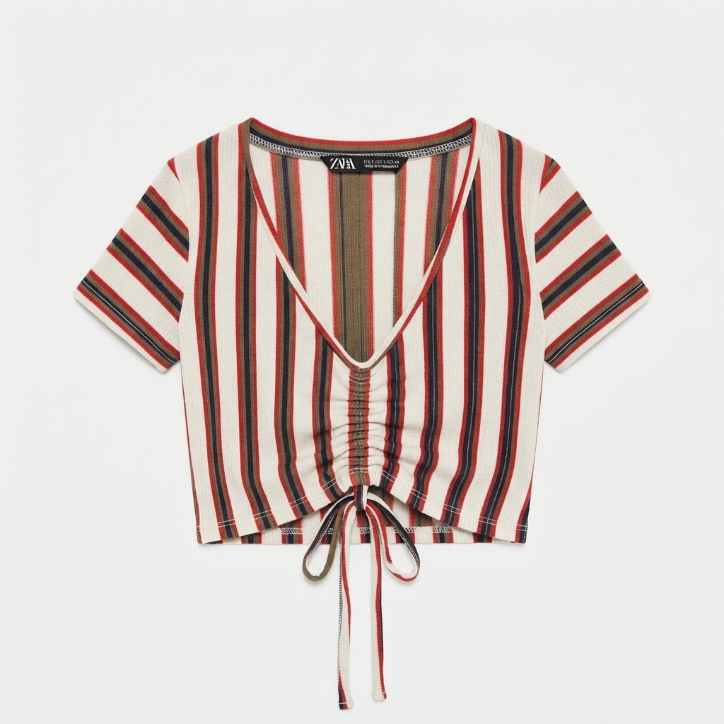 [WearU Generated:merch_clean_front] Zara Off-White Multi-Stripe Ribbed Knit Fitted Cropped Top – front view