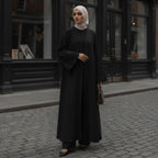 Private Black Embroidered Open-Front Abaya with Scalloped Sl