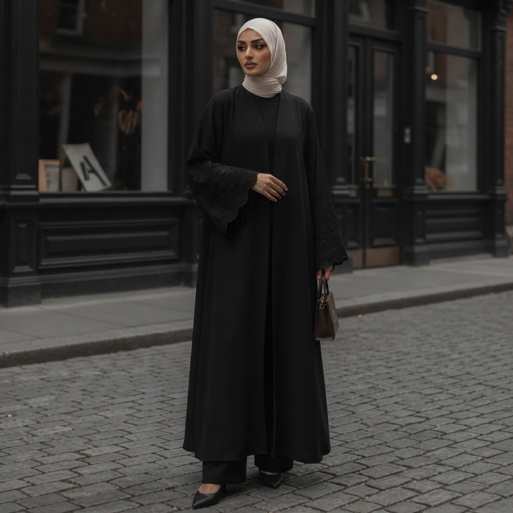 Private Black Embroidered Open-Front Abaya with Scalloped Sl