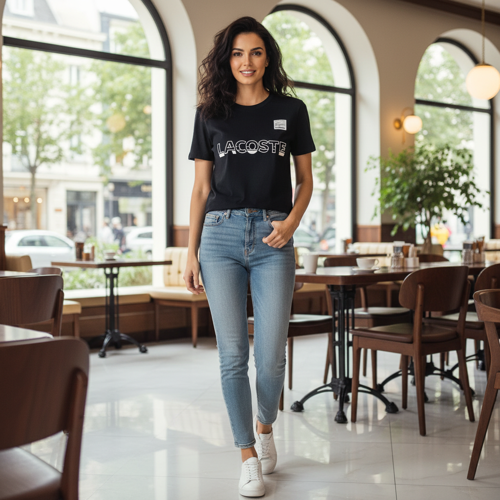 LACOSTE Women's Black Graphic Logo Crew Neck T-Shirt
