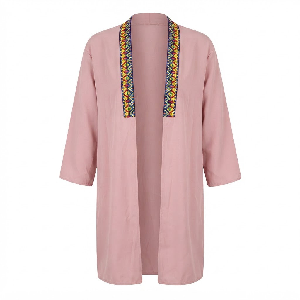 SHEIN Women's Pink Long Open-Front Kimono Abaya Jacket with Trim