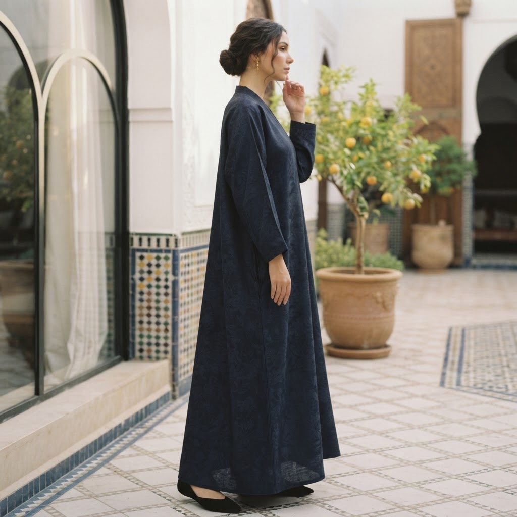 Al Wisham Al Aneeq Deep Navy Floral Jacquard A-Line Floor-Le