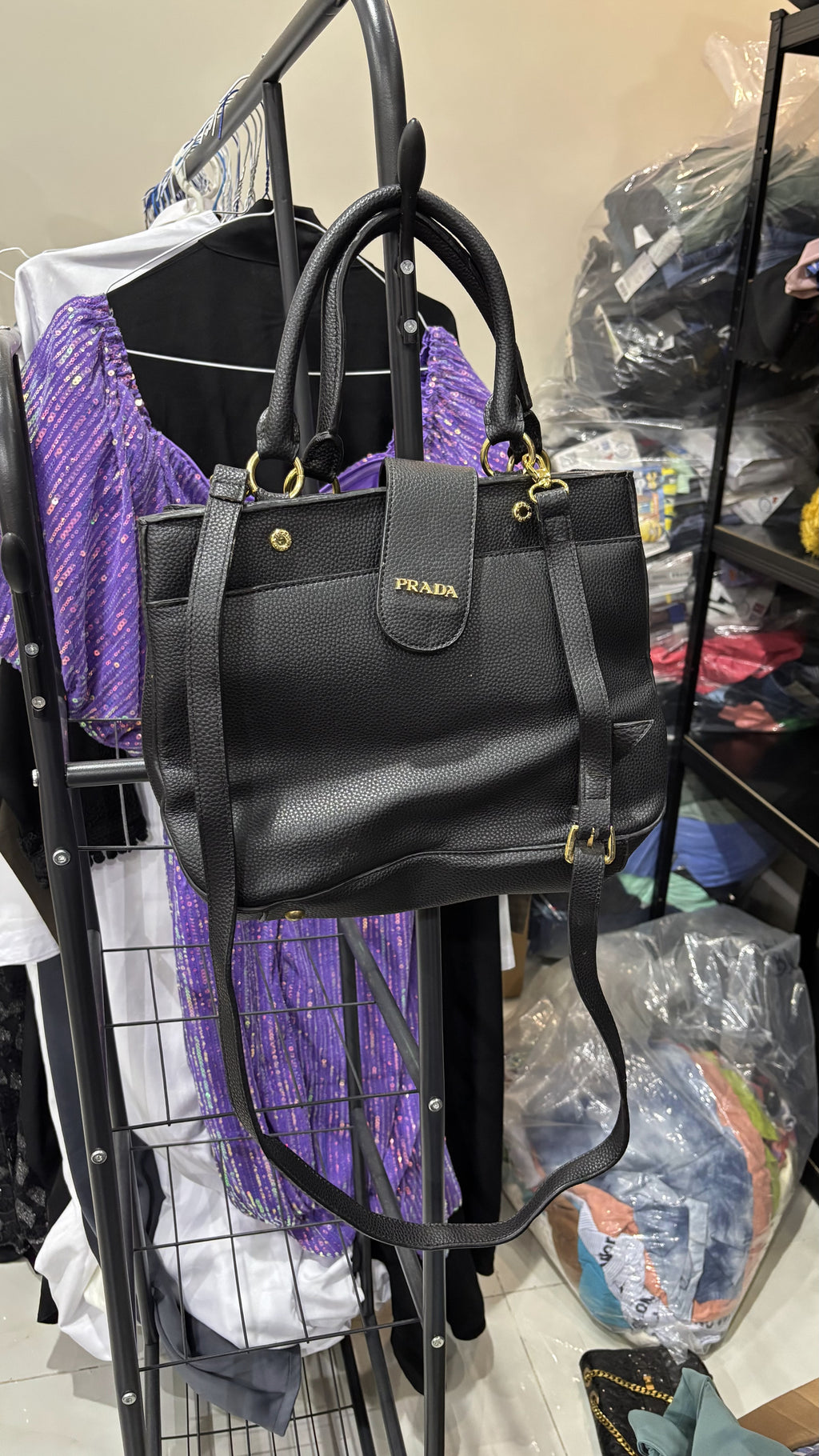 PRADA PRADA Black Grained Leather Top-Handle Tote