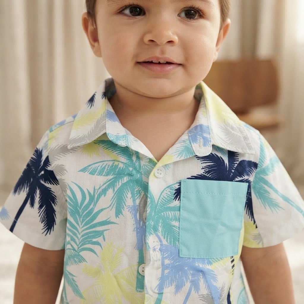 Boys Tropical Palm Tree Print Short Sleeve Button-Down