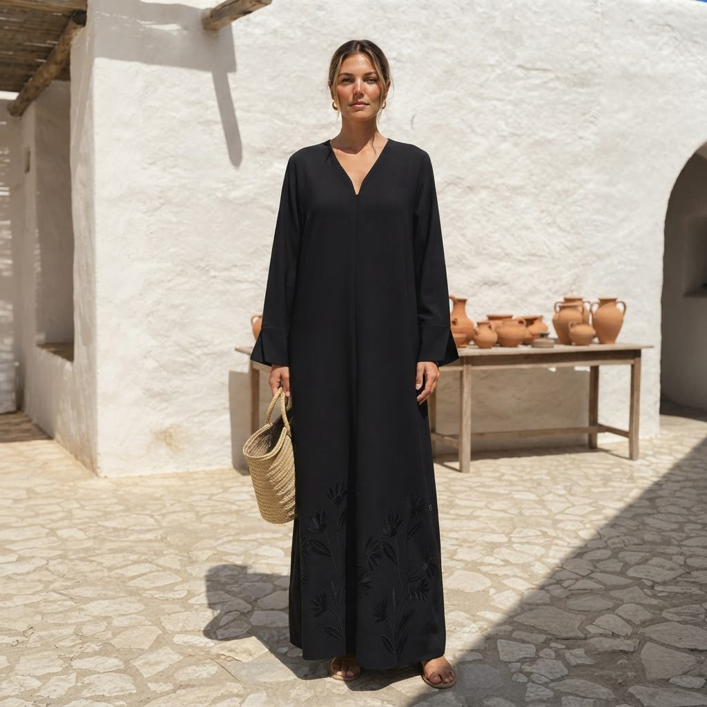 Black Floral Embroidered Abaya with Pointed Cuffs