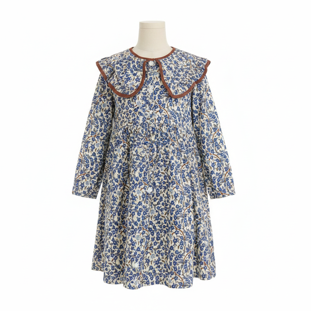 Kids Blue Floral Peter Pan Collar Long Sleeve Dress