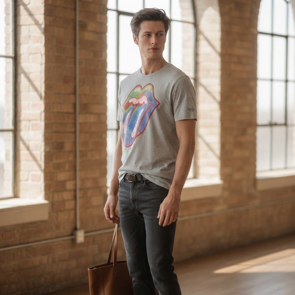 Springfield Heather Grey Graphic Tee with Multicolour Band L