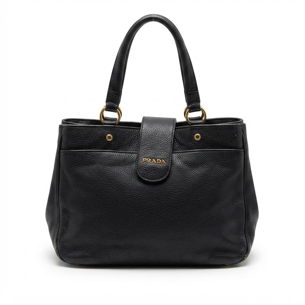 PRADA PRADA Black Grained Leather Top-Handle Tote