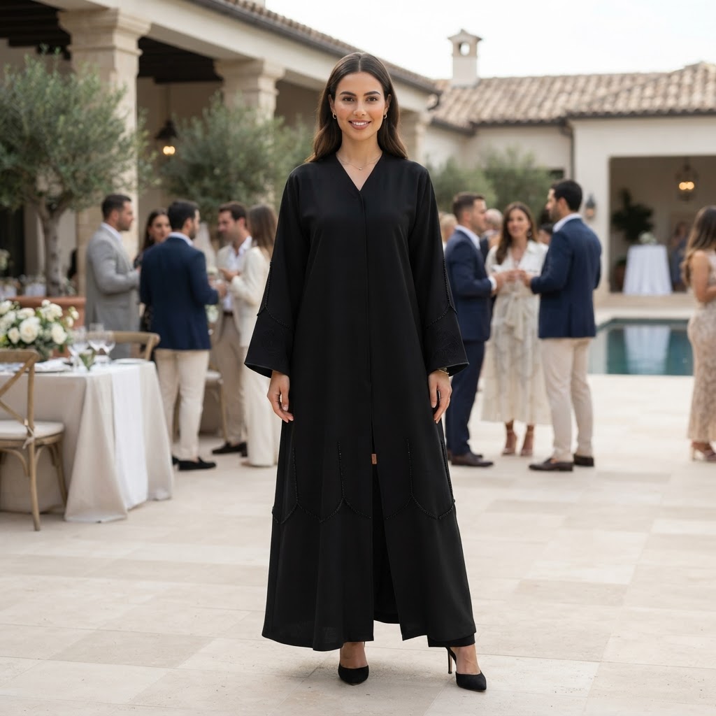 Elegant Black Beaded Polyester Abaya