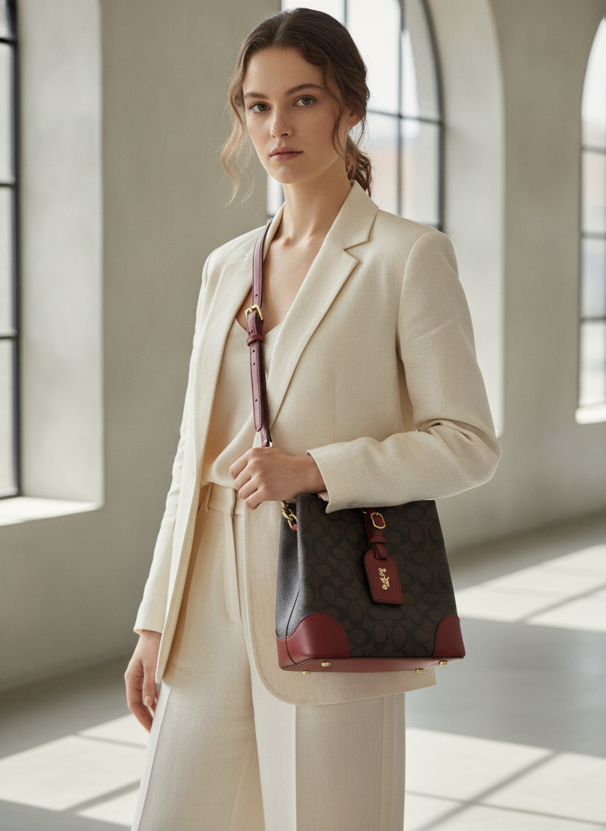 COACH LEATHERWARE Monogram Bucket Crossbody Bag with Red Tri
