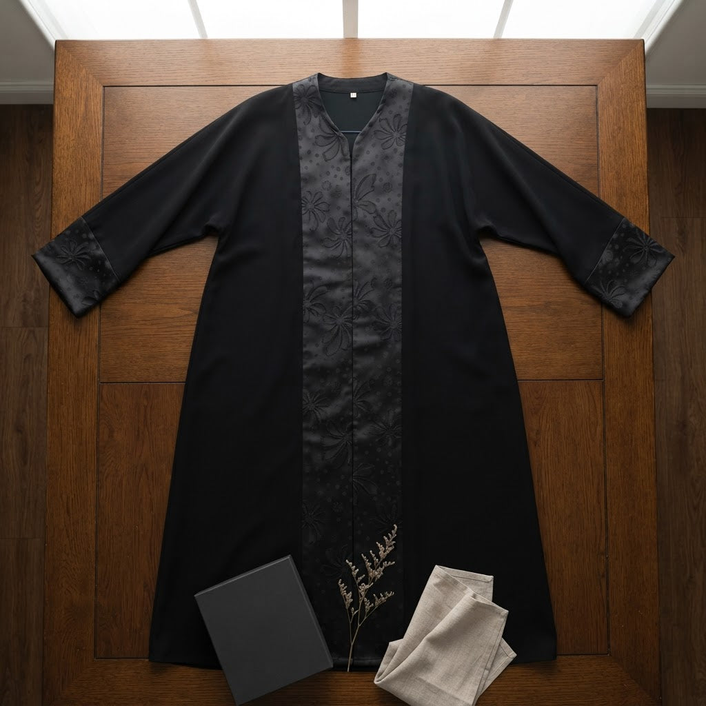 Black Embroidered Tonal Panel Kaftan Abaya