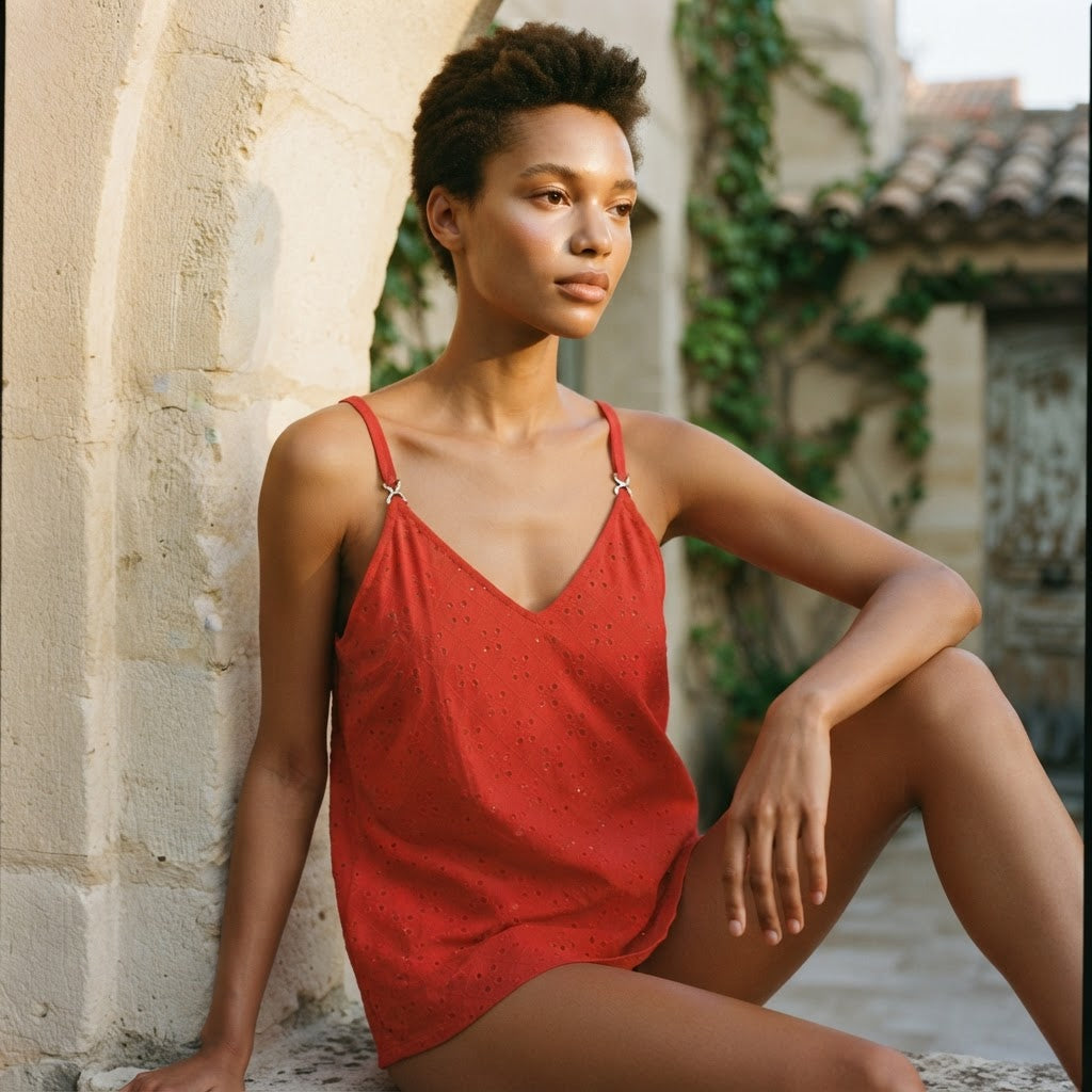 Women's Red Cotton Eyelet Cami Dress