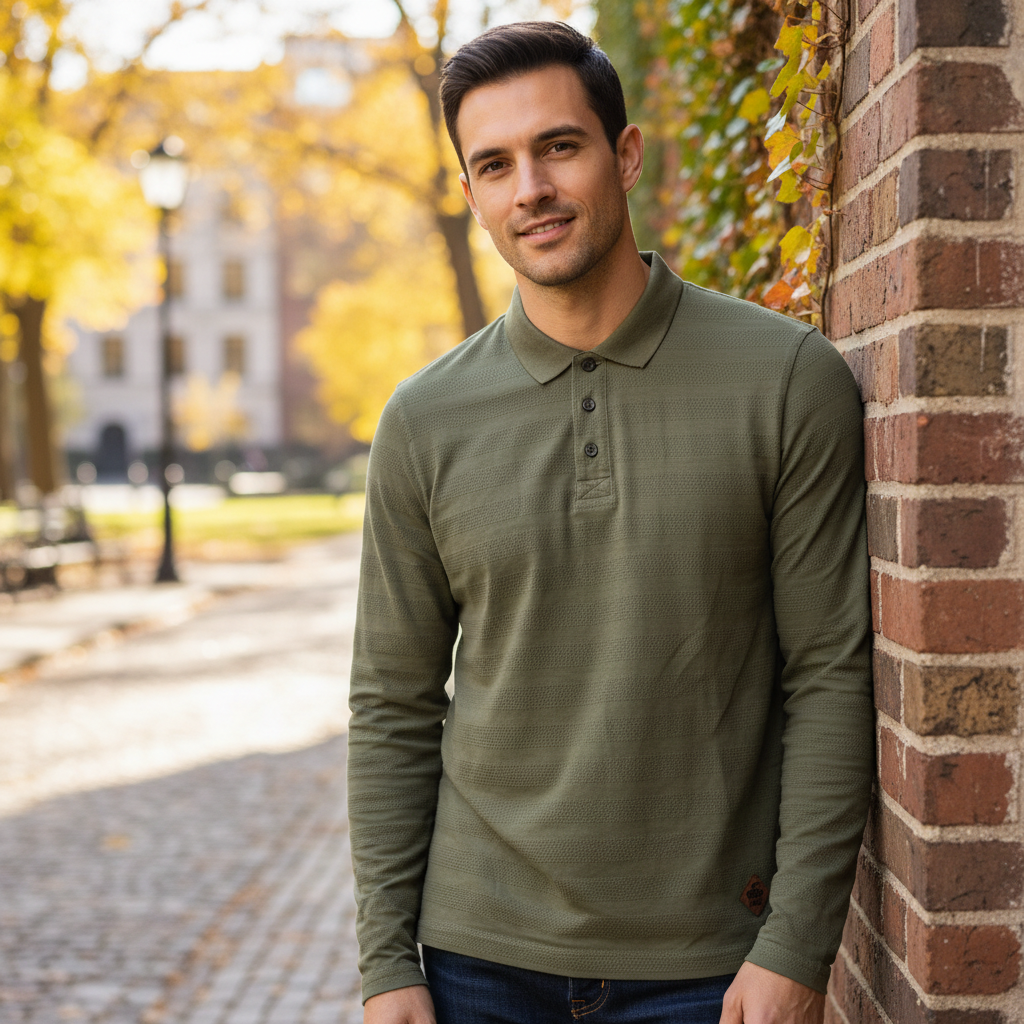 LIVERGY Men's Long Sleeve Textured Olive Green Polo Shirt