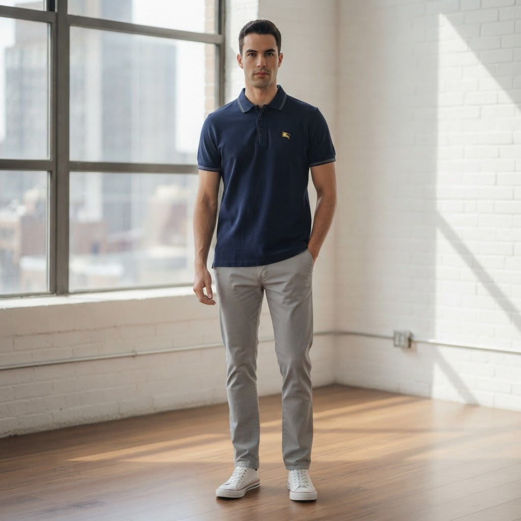 Burberry Navy Blue Tipped Cotton Polo Shirt with Gold Embroi