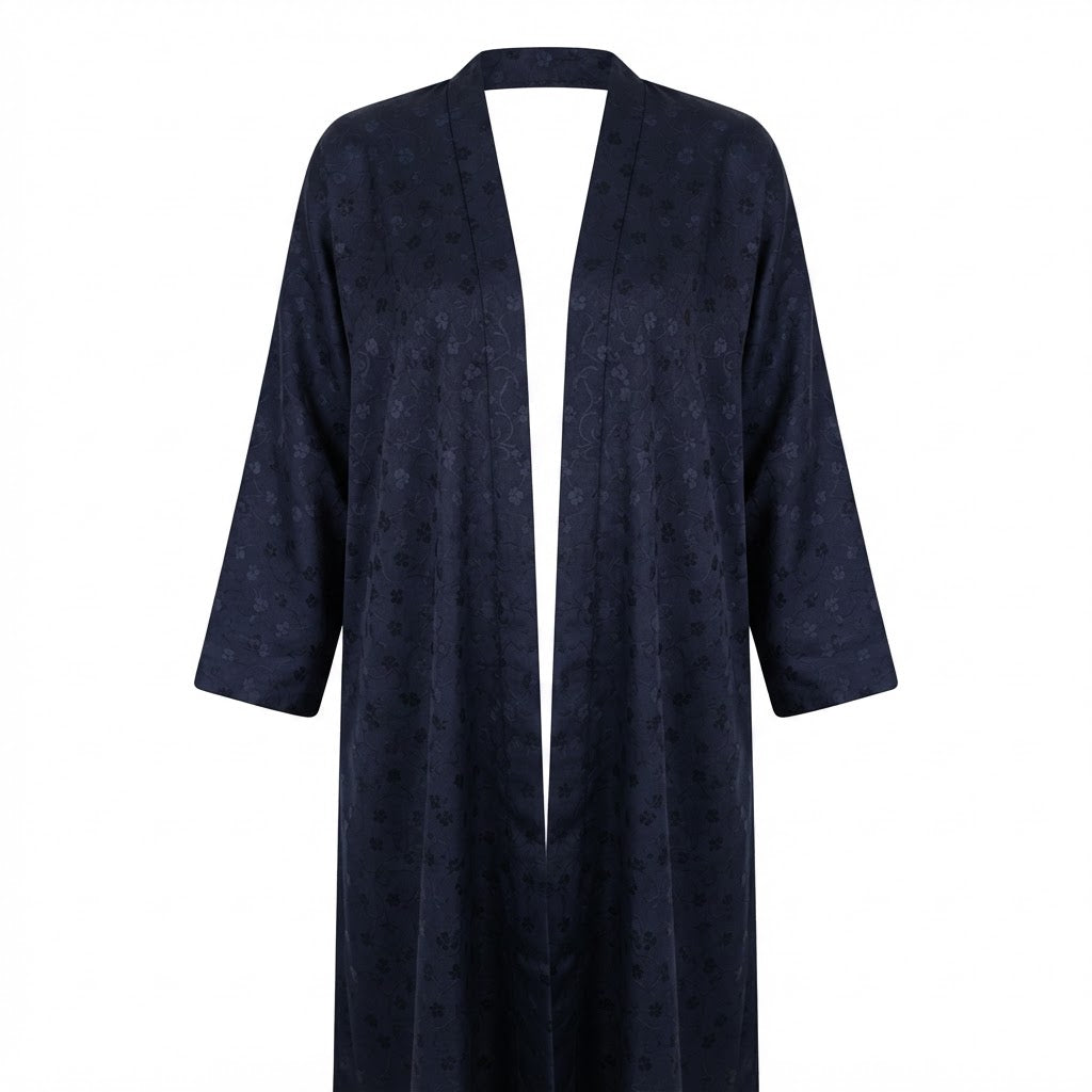Women's Navy Floral Jacquard V-Neck Floor-Length Abaya