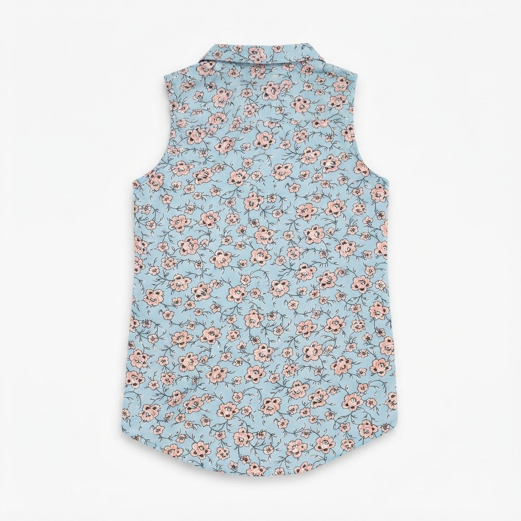 Women's Light Blue Floral Sleeveless Button-Up Blouse