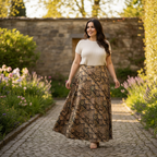Women's Brown Ornamental Print A-Line Midi Skirt