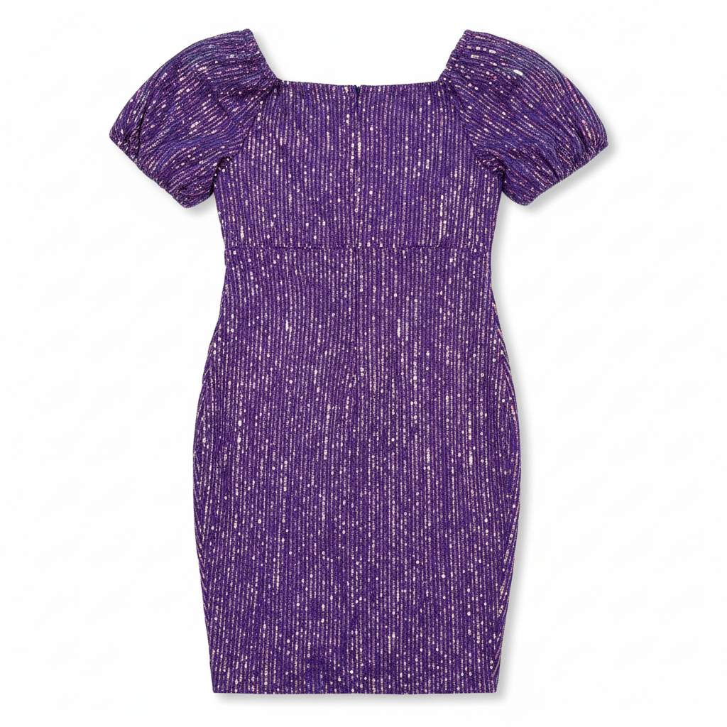 FAERIESTY Purple Iridescent Sequin Puff Sleeve Dress