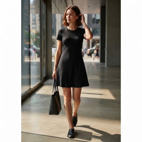 [WearU Generated:campaign_1] Black Cotton Blend A-line Mini Dress – side view