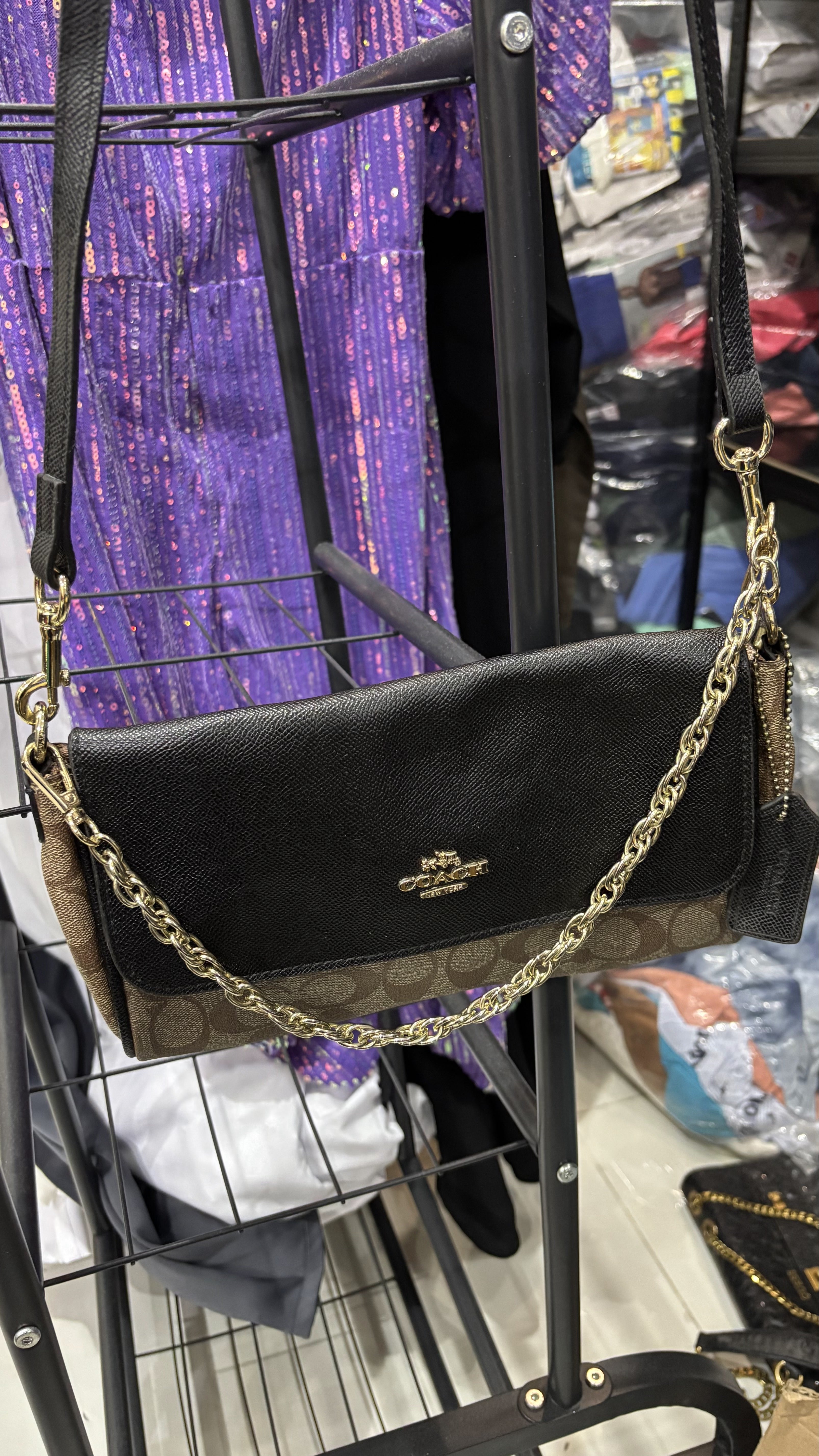 COACH NEW YORK Black Leather and Monogram Crossbody Bag