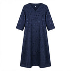 Navy Blue Floral Jacquard Long Modest V-Neck Dress