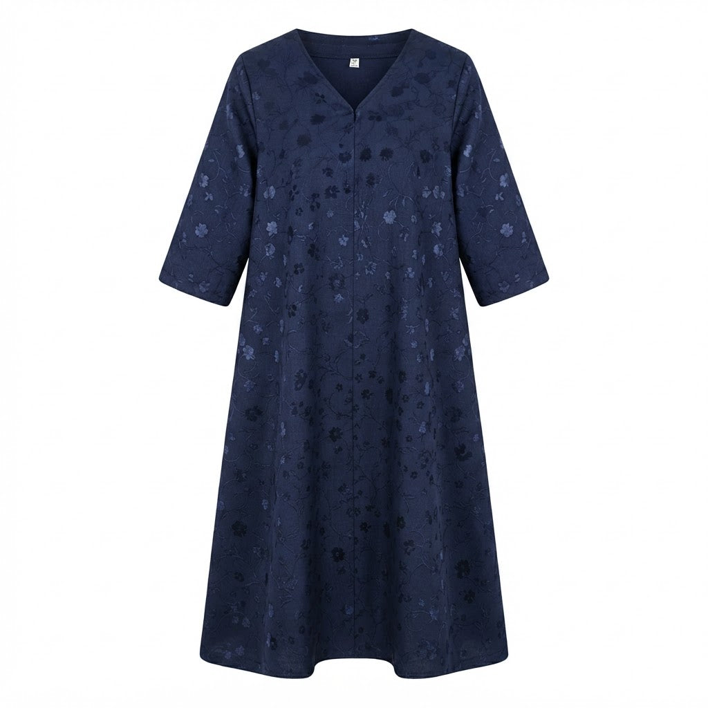 Navy Blue Floral Jacquard Long Modest V-Neck Dress