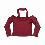 Red Ribbed Halter Neck Cold Shoulder Long Sleeve Top