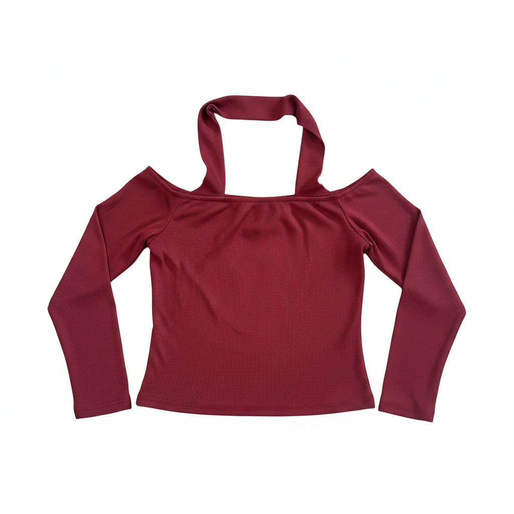 Red Ribbed Halter Neck Cold Shoulder Long Sleeve Top