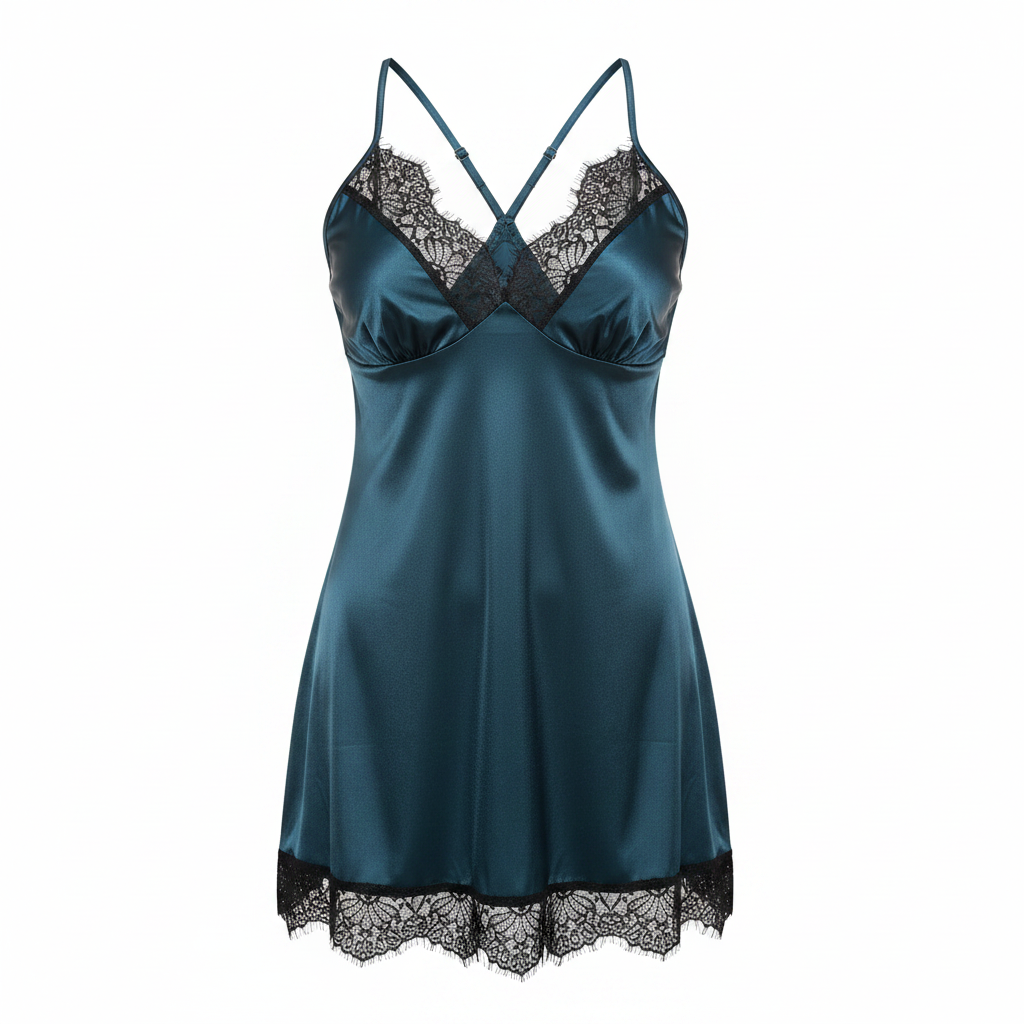 Women's Teal Satin Lace Trim Nightwear Chemise