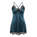 Women's Teal Satin Lace Trim Nightwear Chemise