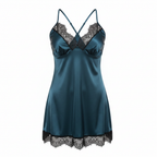 Women's Teal Satin Lace Trim Nightwear Chemise
