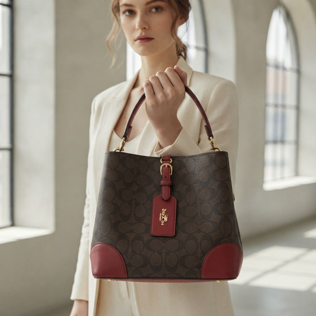 COACH LEATHERWARE Monogram Bucket Crossbody Bag with Red Tri