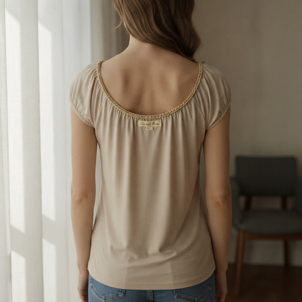 Love and Money Oatmeal Gathered Scoop Neck Top with Braided