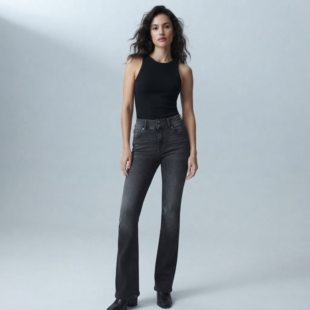 Bershka Washed Black Flare Jeans with Chevron Pocket Detail