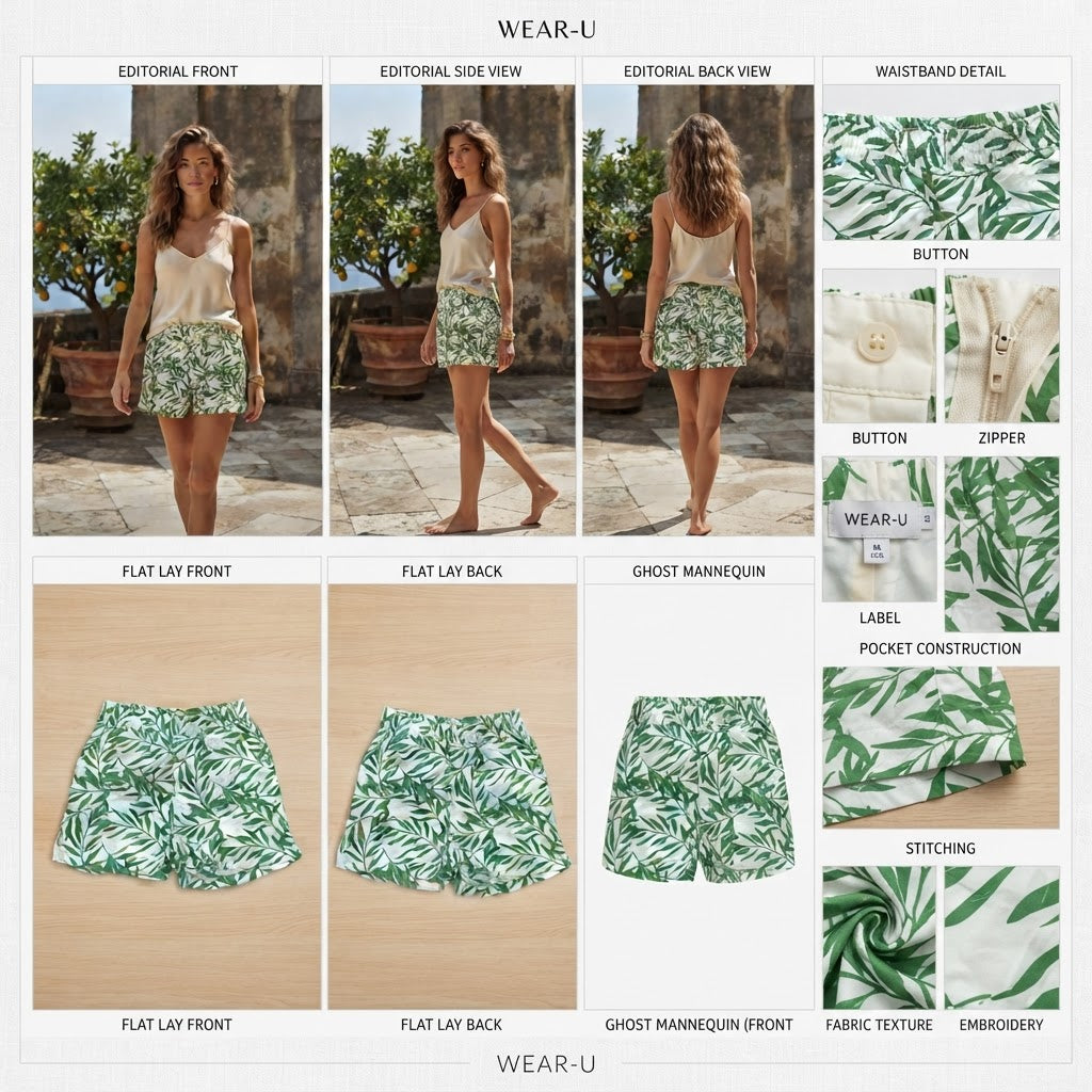Vibrant Green Botanical Leaf Print Elastic Waist Shorts