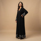 Black Floral Lace Crepe Abaya Long Robe