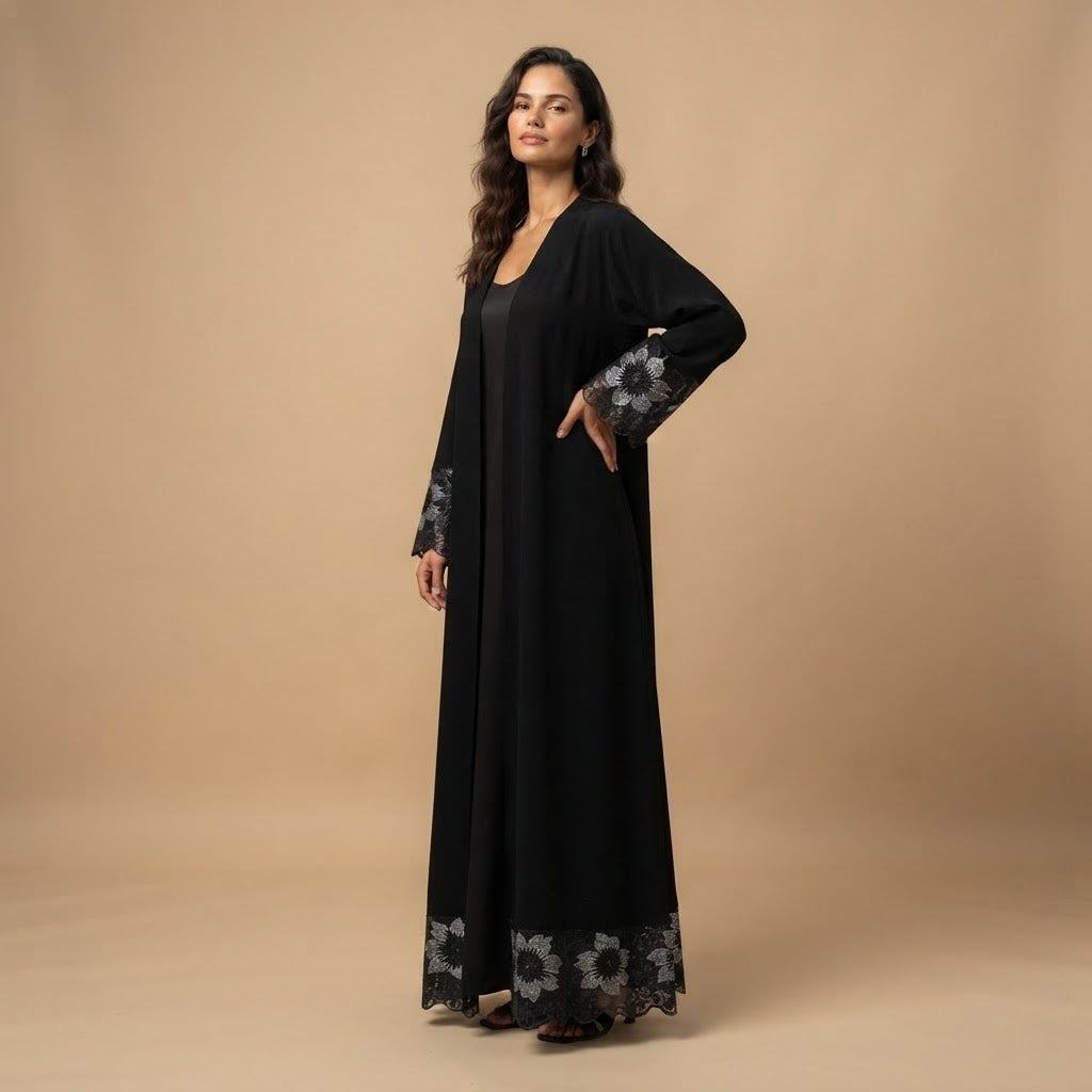 Black Floral Lace Crepe Abaya Long Robe