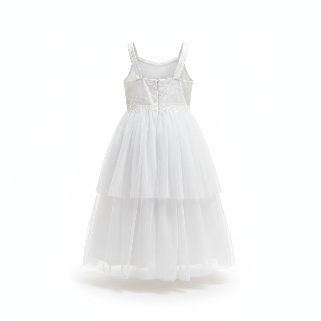 ABEILLE Kids White Embroidered Tulle Party Dress with Bows