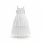 ABEILLE Kids White Embroidered Tulle Party Dress with Bows