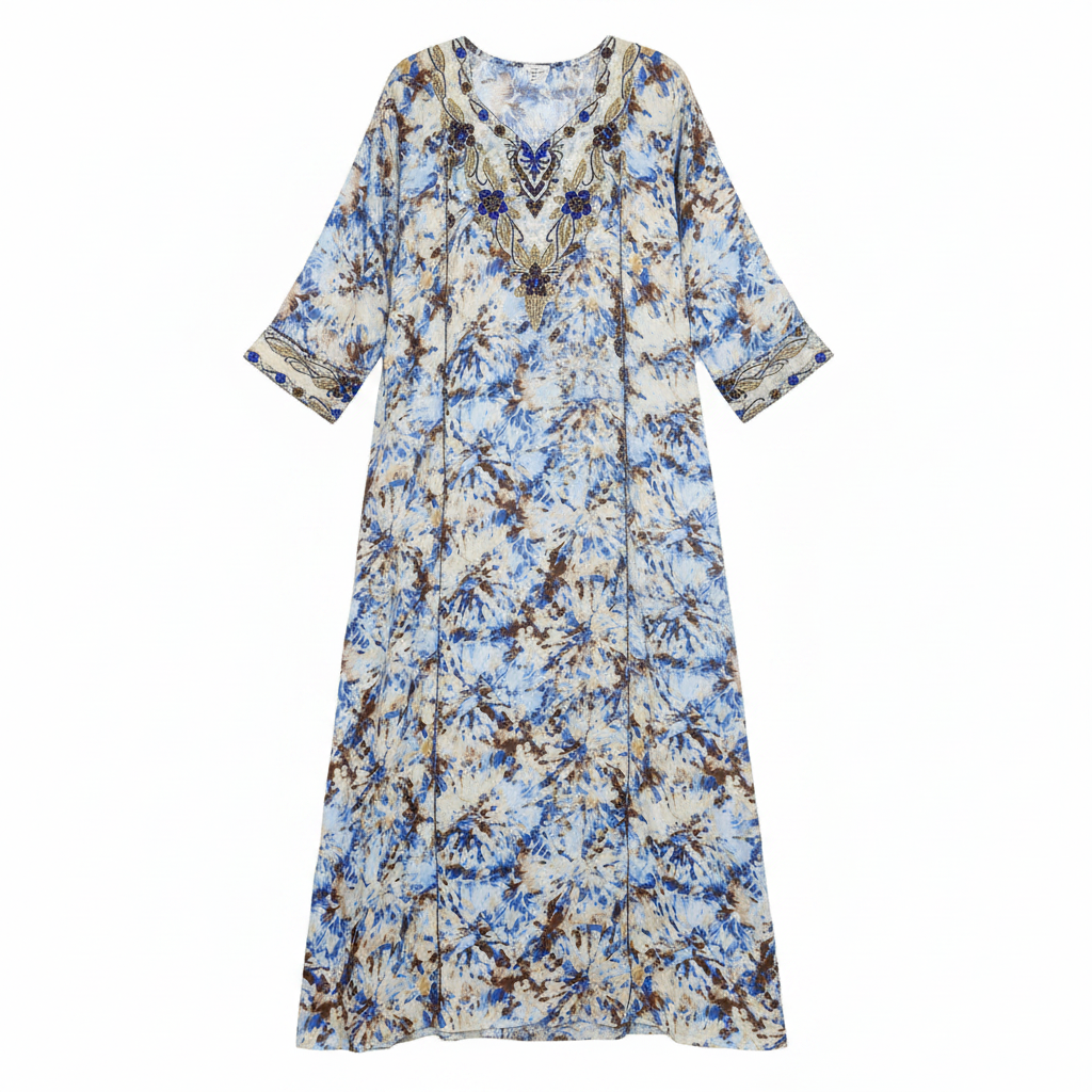 Women's Beaded Tie-Dye Maxi Kaftan Dress - Blue/Brown