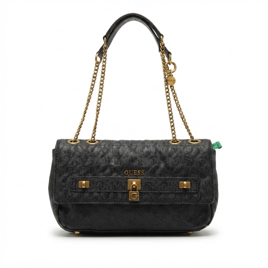 GUESS Guess Black Embossed Logo Flap Shoulder Bag