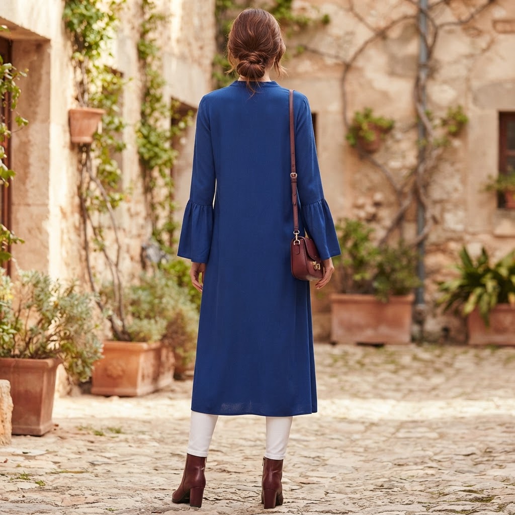 Women's Royal Blue Bell Sleeve Floor-Length Abaya