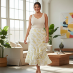 2TRENDY Women's Yellow Floral Ruffle Asymmetrical Midi Skirt