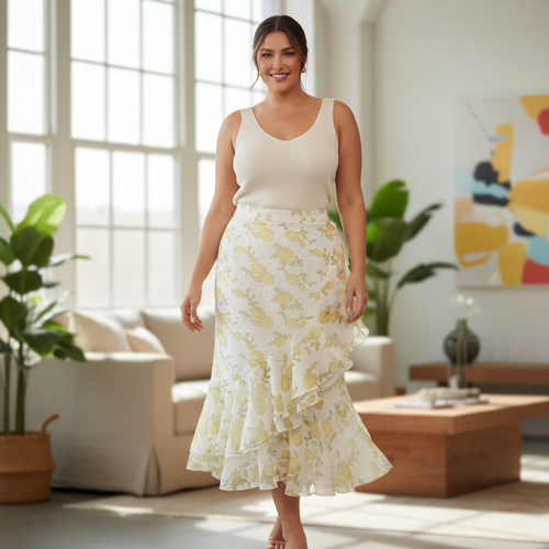 2TRENDY Women's Yellow Floral Ruffle Asymmetrical Midi Skirt