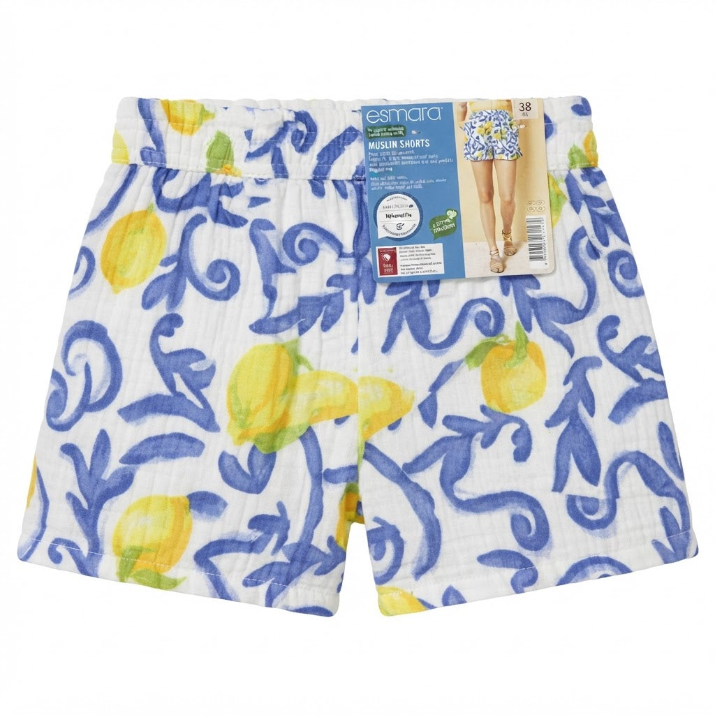 Women's Lemon Print Muslin Shorts in white and White
