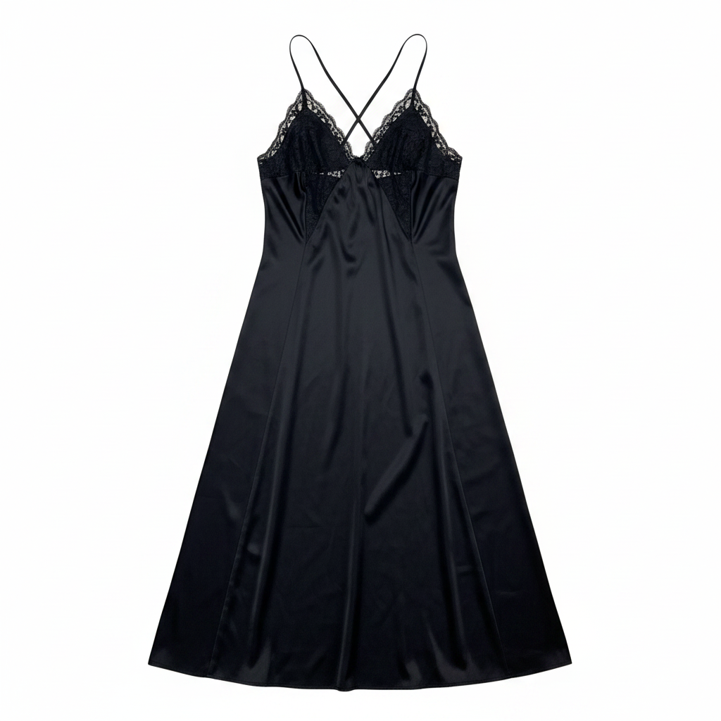 Women's Black Satin Lace-Trim Maxi Slip Dress
