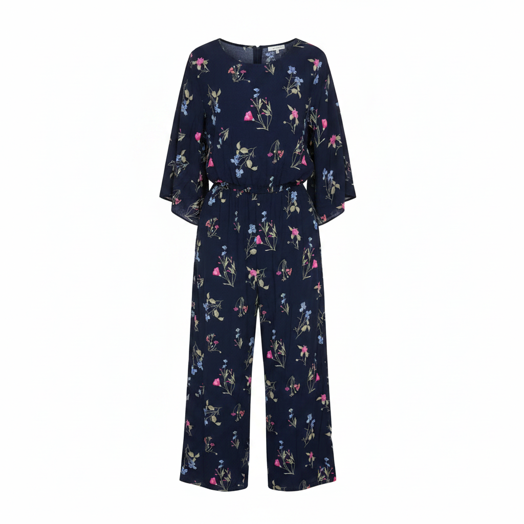 Kids Navy Floral Print Jumpsuit with Elastic Waist