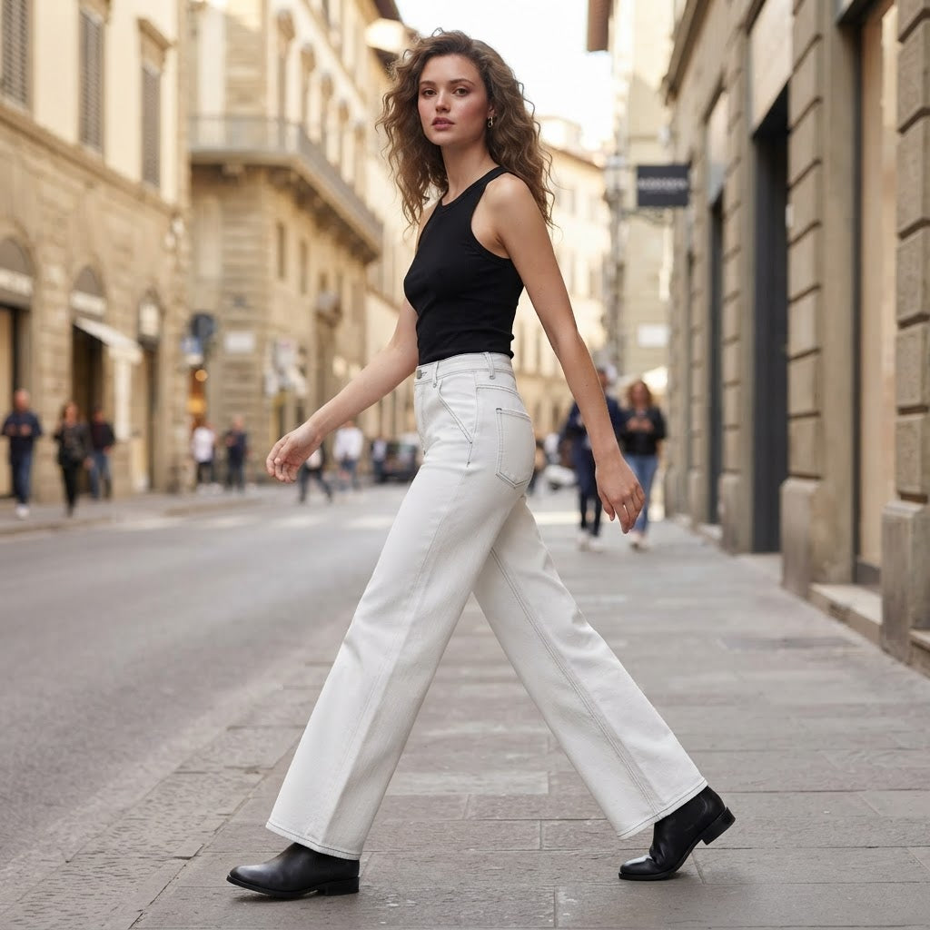 Conbipel White Wide Leg Stretch Jeans with Contrast Stitchin