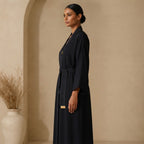Deep Navy Black Open-Front Abaya with Jacquard Sash